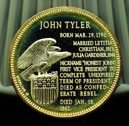 925 Silver Franklin Mint Art Round Presidential Treasury John Tyler