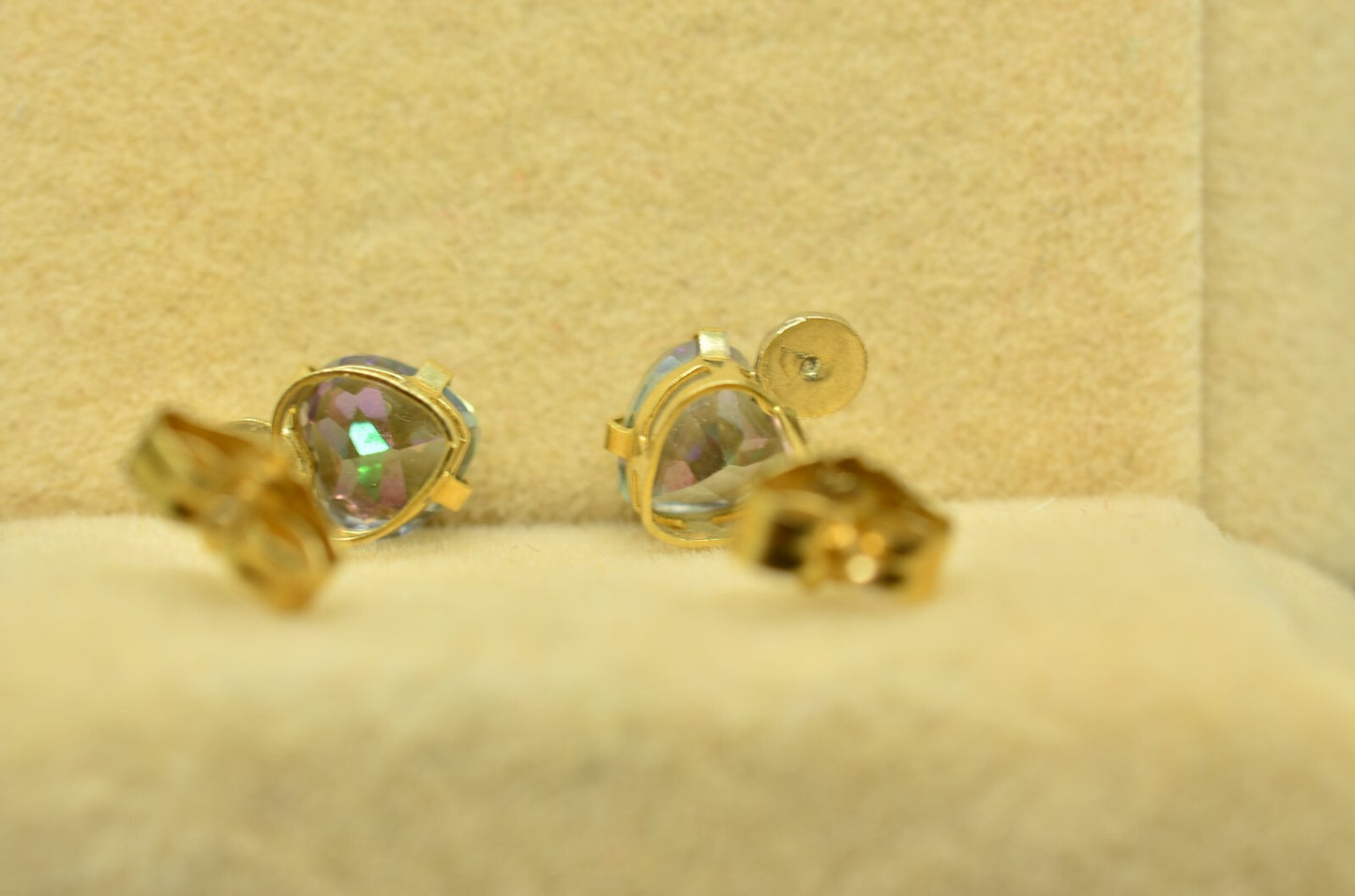 10K Yellow Gold Heart Cut Mystic Topaz Stud Earrings w/ CZ Accents