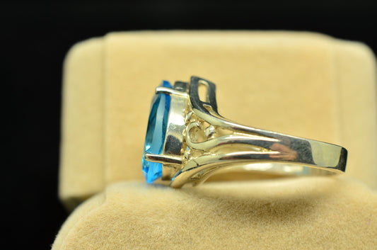 925 Sterling Silver Pear Cut Blue Topaz Solitaire Ring Band Size 6.5