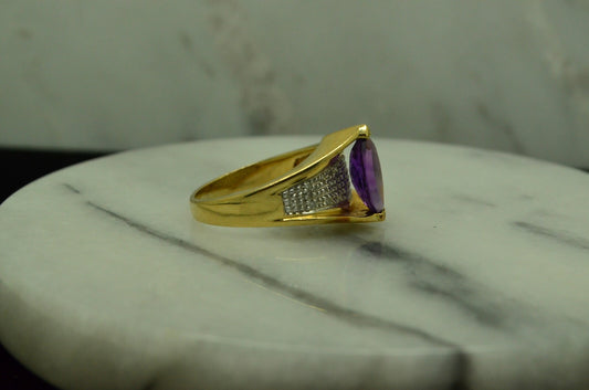 10K Yellow gold raised setting amethyst ring band w/ diamonds size 7.25 #D3793
