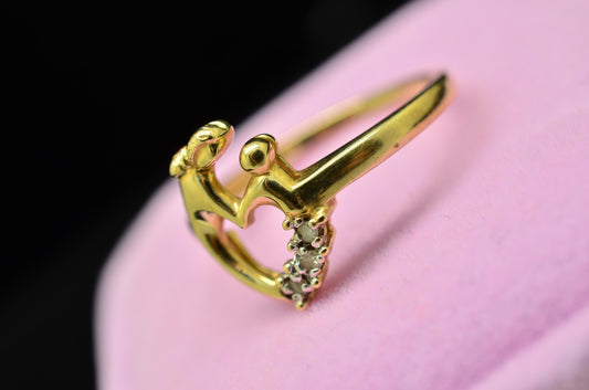 10K Yellow Gold Mother Child Heart 3 Stone Diamond Ring Band Size 6.75