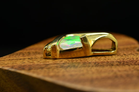 10K Yellow Gold Trillion Cut Natural White Opal Pendant Charm w/ Diamonds