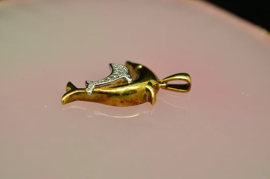 10K Yellow & White Gold Mother & Baby Dolphin pendant charm w/ diamonds