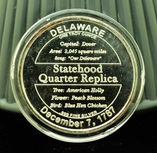 1999 Delaware Statehood Large Quarter Art Round -One Troy Oz .999 Silver