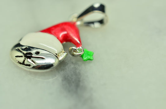 925 Sterling silver cute Christmas enamel cat in Santa hat w/ star pendant charm