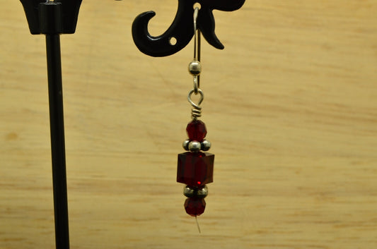 925 Sterling Silver dangling red beaded fishhook earrings