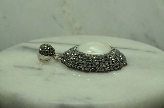 925 Sterling Silver marcasite framed mother of pearl pendant charm