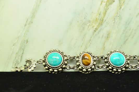 7.5" Silver Plated Bracelet with Turquoise Tiger's Eye and Carnelian