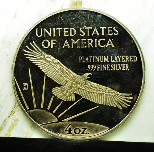 1999 Statue Of Liberty Art Round -4 Troy Oz .999 Silver w Platinum Finish