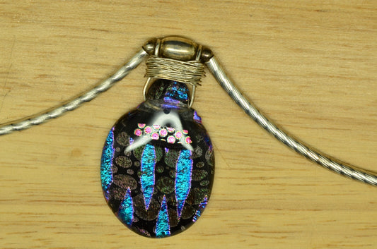 15.5" 925 Sterling Silver curved bar chain necklace w/ dichroic glass pendant
