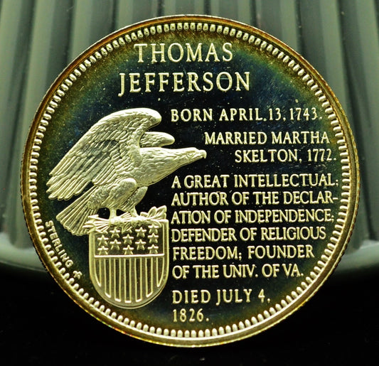 925 Silver Franklin Mint Art Round Presidential Treasure Thomas Jefferson