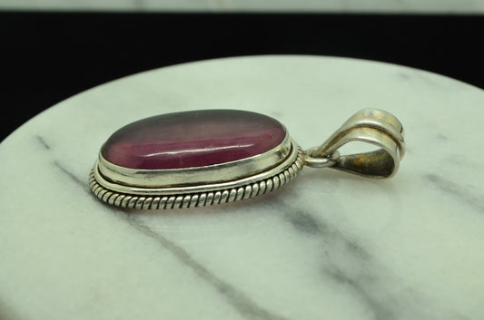 925 Sterling Silver clear & purple streaky colored quartz oval pendant charm