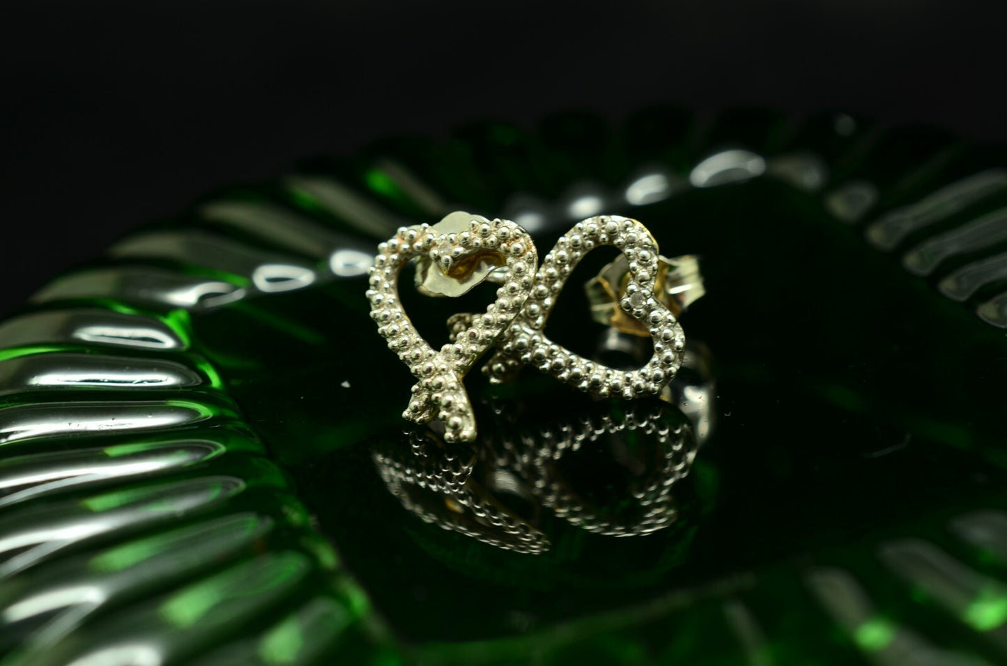 10K Yellow Gold Open Heart Design Stud Earrings w/ Diamond Accents