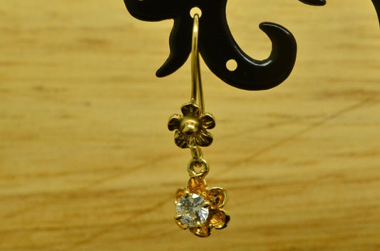 14K Yellow Gold dangling cz flower design locking fishhook earrings