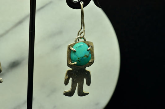 Handmade 925 Sterling Silver Stylized Mayan Gods Fishhook Earrings w/ Turquoise
