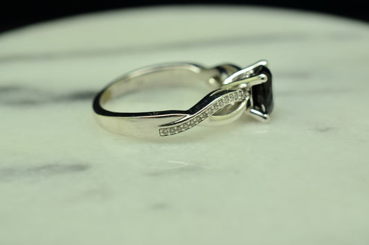 14K White Gold round black tourmaline solitaire ring band w/ diamonds size 6.25
