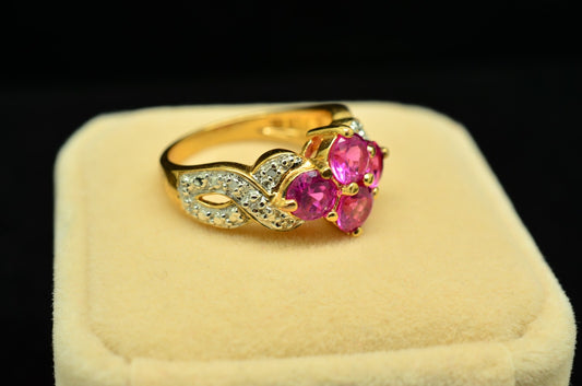Vermeil 925 Sterling 4 Stone Round Cut Pink Sapphire Ring Band Size 6.75