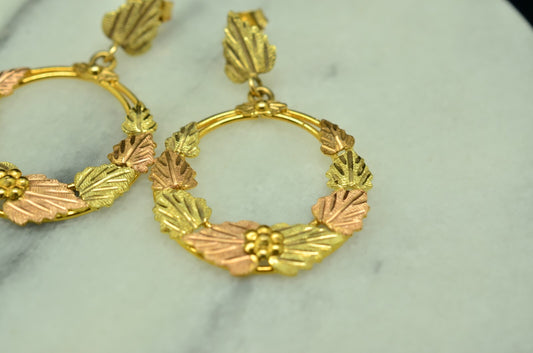 10K Yellow Gold Round Black Hills Gold Leaves & Grapes Dangling Post Earrings