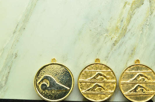 Lot of 5 Gold Plated Round Medals Pendants Awards -Wave Designs