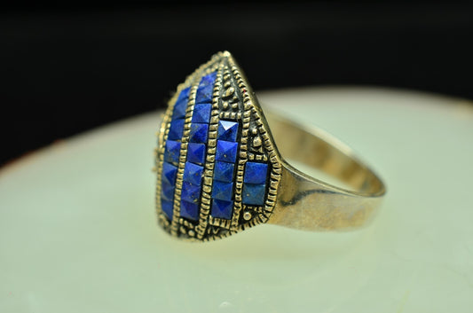 925 Sterling Silver Pave Lapis Lazuli & Marcasite Dome Ring Band Size 7