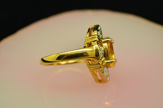Vermeil 925 Sterling Silver Oval Golden Citrine Ring Band w/ Diamonds Size 6.75