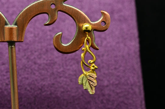 10K 14K Yellow Gold Dangling Two Tone Black Hills Gold Leaves Post Earrings