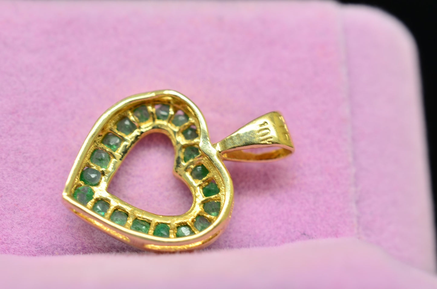 10K Yellow Gold Emerald Green CZ Open Heart Pendant Charm -Small