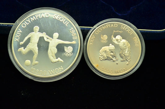 1988 South Korea Olympics 2 Coin Set 925 Silver Football & Top Spinning OGP