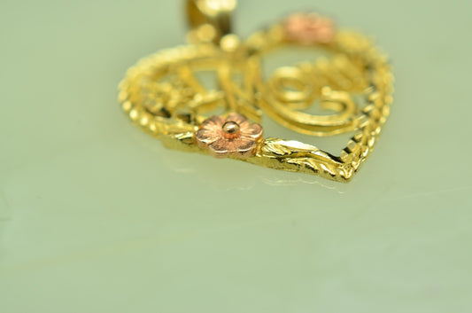 14K Yellow Gold Open Heart "#1 MOM" Pendant Charm w/ Rose Gold Flowers