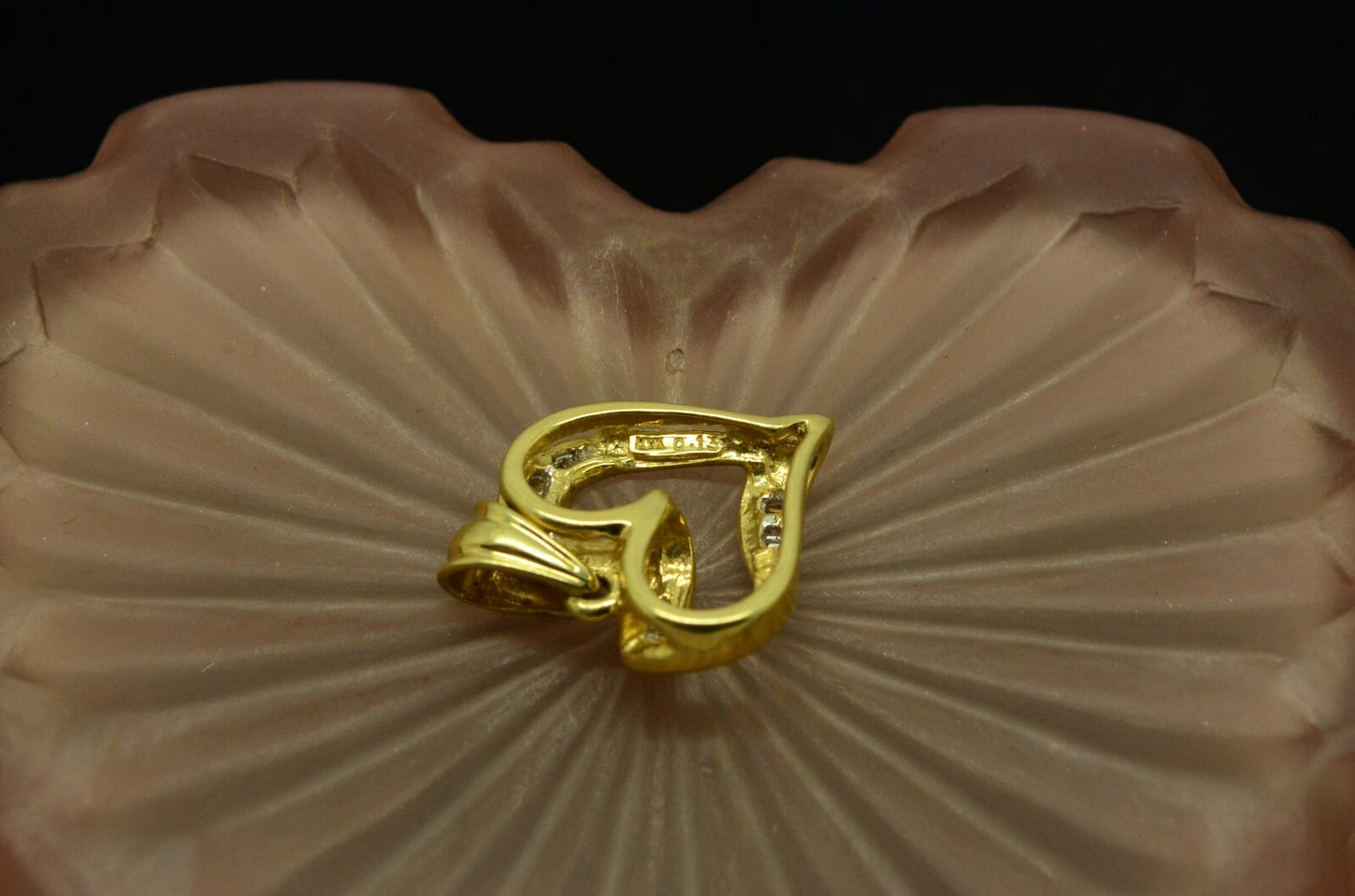 10K Yellow Gold open heart pendant charm with channel set diamonds 0.13 tcw