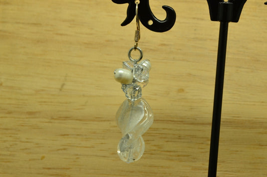 925 Sterling Silver dangling clear beads & natural pearls fishhook earrings