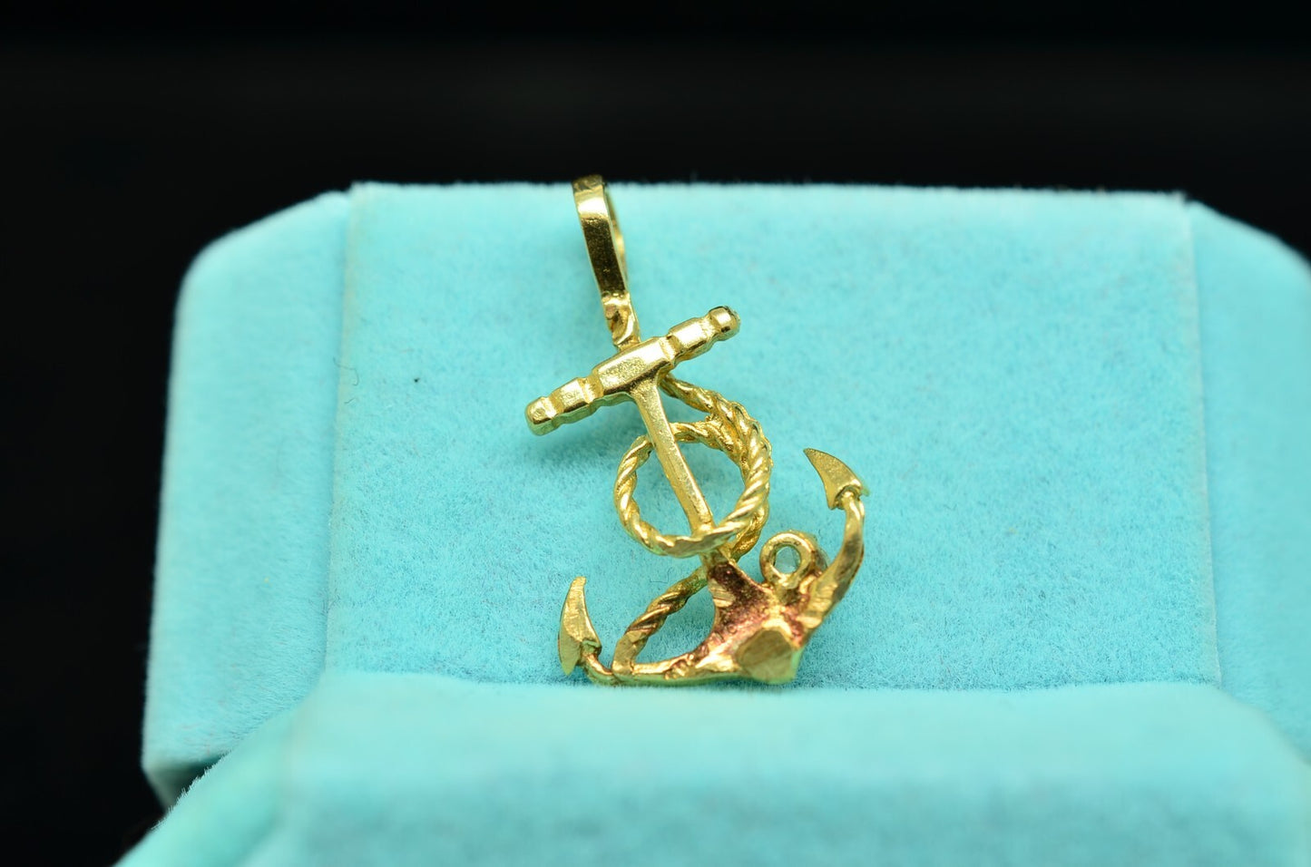 10K Yellow Gold Mariner Anchor and Rope Pendant Charm w/ CZ Accent