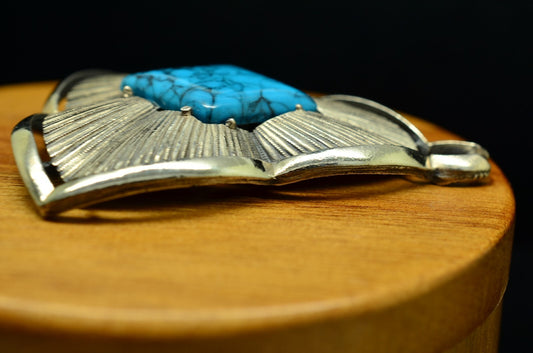 925 Sterling Silver Leaf Design Turquoise Pendant Charm -Heavy & Large