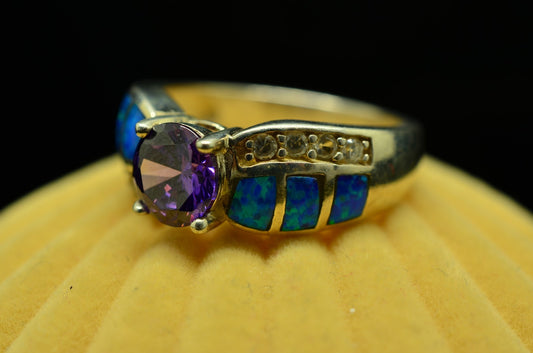925 Sterling Silver Purple Cubic Zirconia Ring Band w/ Opal Accents Sz 7.5