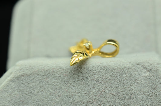 14K Yellow Gold Two Leaves Design Small Pendant Charm w/ Diamond Accent