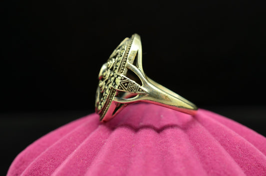 925 Sterling Silver Tiny Round Pink Ruby Ring Band w/ Marcasite Accents Sz 5.75