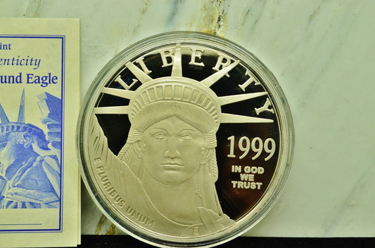 1999 Statue Of Liberty Art Round -4 Troy Oz .999 Silver w Platinum Finish COA