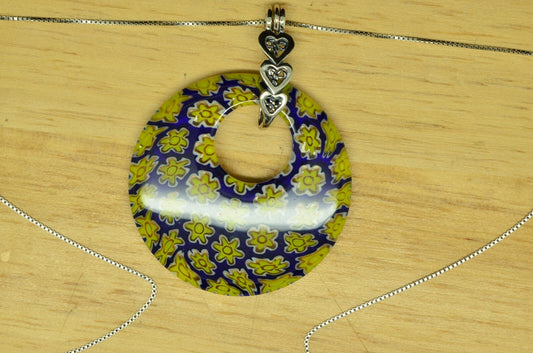 18" 925 Sterling Silver box chain necklace w/ blue & yellow flower glass pendant