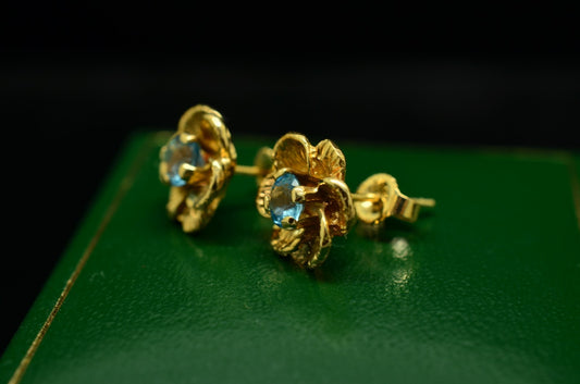 14K Yellow Gold Flower Setting Blue Topaz Stud Earrings
