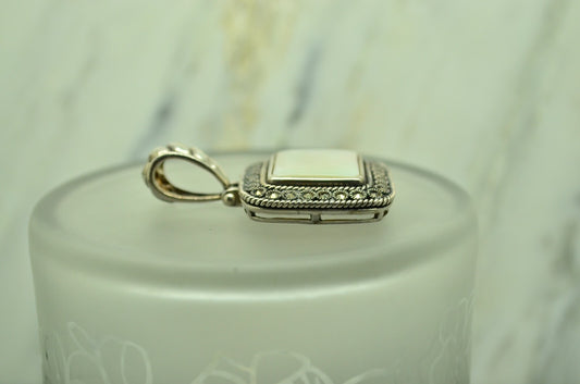 925 Sterling Silver square mother of pearl pendant charm w/ marcasite accents