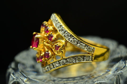 Vermeil 925 Sterling Pink Ruby & Diamond Cocktail Ring Band Size 7