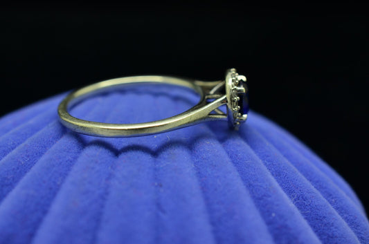 10k White Gold round blue sapphire ring band with diamond halo size 5.75