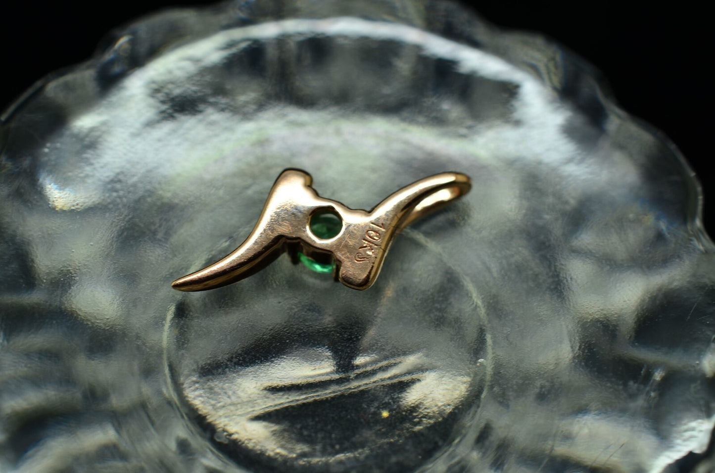 10K Rose Gold floating bypass design pendant charm with green emeralds