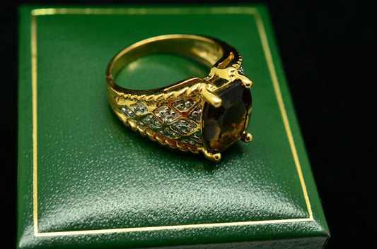 Vermeil 925 Sterling Silver Smoky Quartz Two Tone Design Ring Band Size 6.75