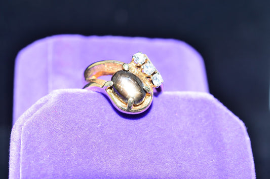 14K Yellow Gold yellowish-brown sapphire cabochon ring band w/ diamonds size 5.5