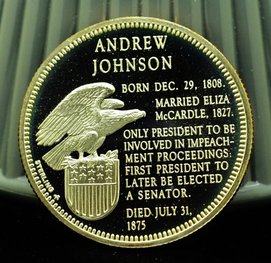 925 Silver Franklin Mint Art Round Presidential Treasury Andrew Johnson
