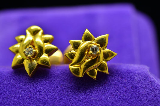 22K Yellow Gold Sun Design stud earrings with tiny round Cubic Zircona