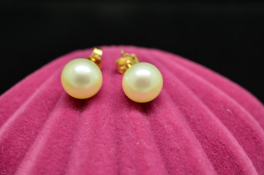 14K Yellow Gold 7mm Round Natural White Pearl Stud Earrings