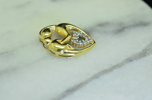 10K Yellow Gold mother & child open heart pendant charm with diamonds 0.20 tcw