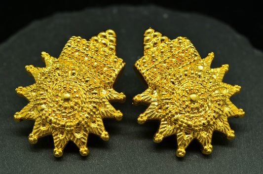 24K Yellow Gold Large Hollow Beaded Sun/Spoked Design Stud Earrings 9.3 grams